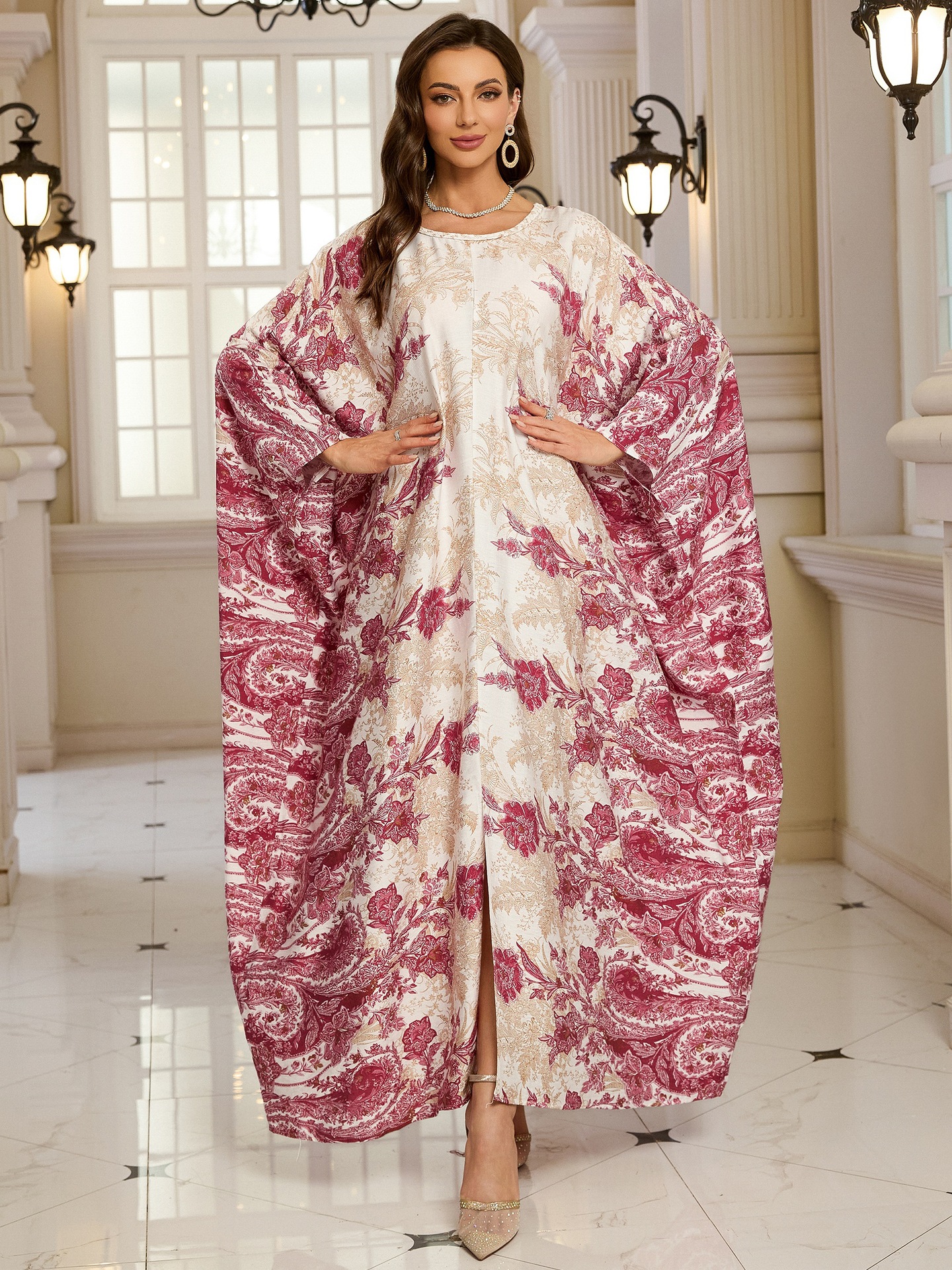 Geometric Pattern Kaftan Maxi Dress with Long Batwing Sleeves for Beach Cover Up